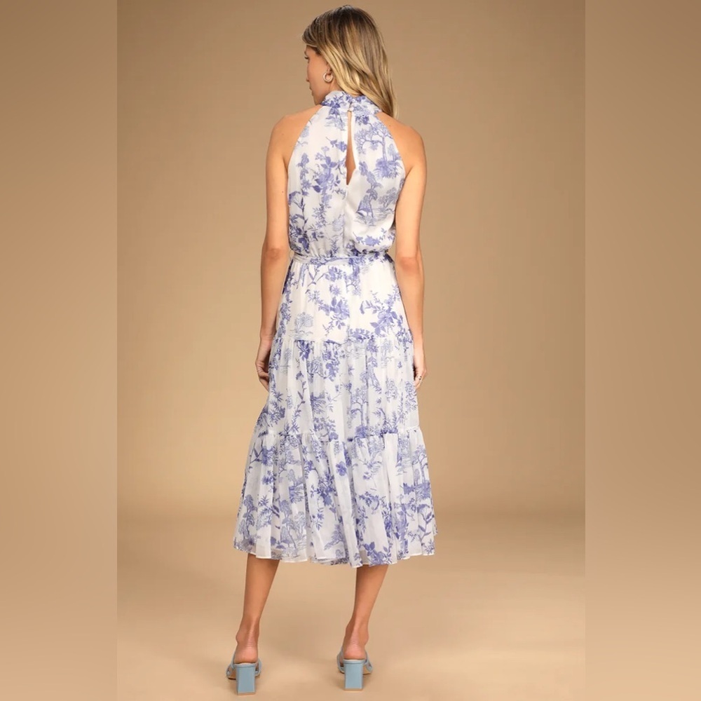 Lulus Float to You White Floral Print Halter Tiered Midi Dress - Picture 3 of 8
